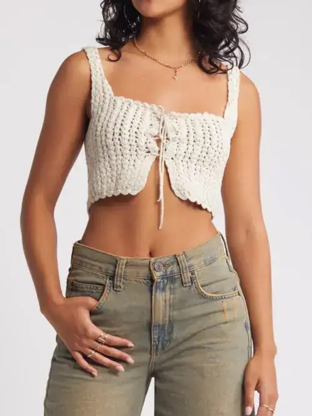 BP.  Tie Front Crop Crochet Tank Top - S/M